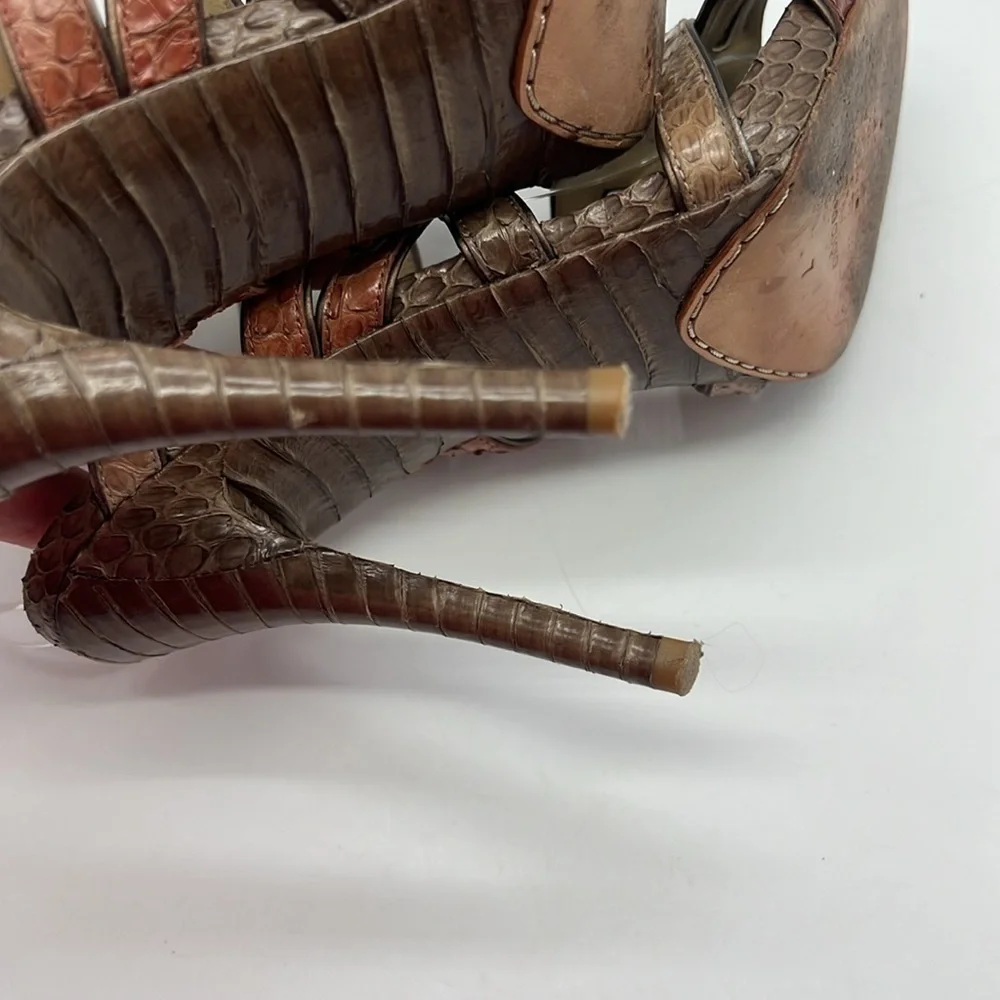 Brian Atwood Women US 7 EU 37 brown snakeskin strappy heeled sandals side buckle
